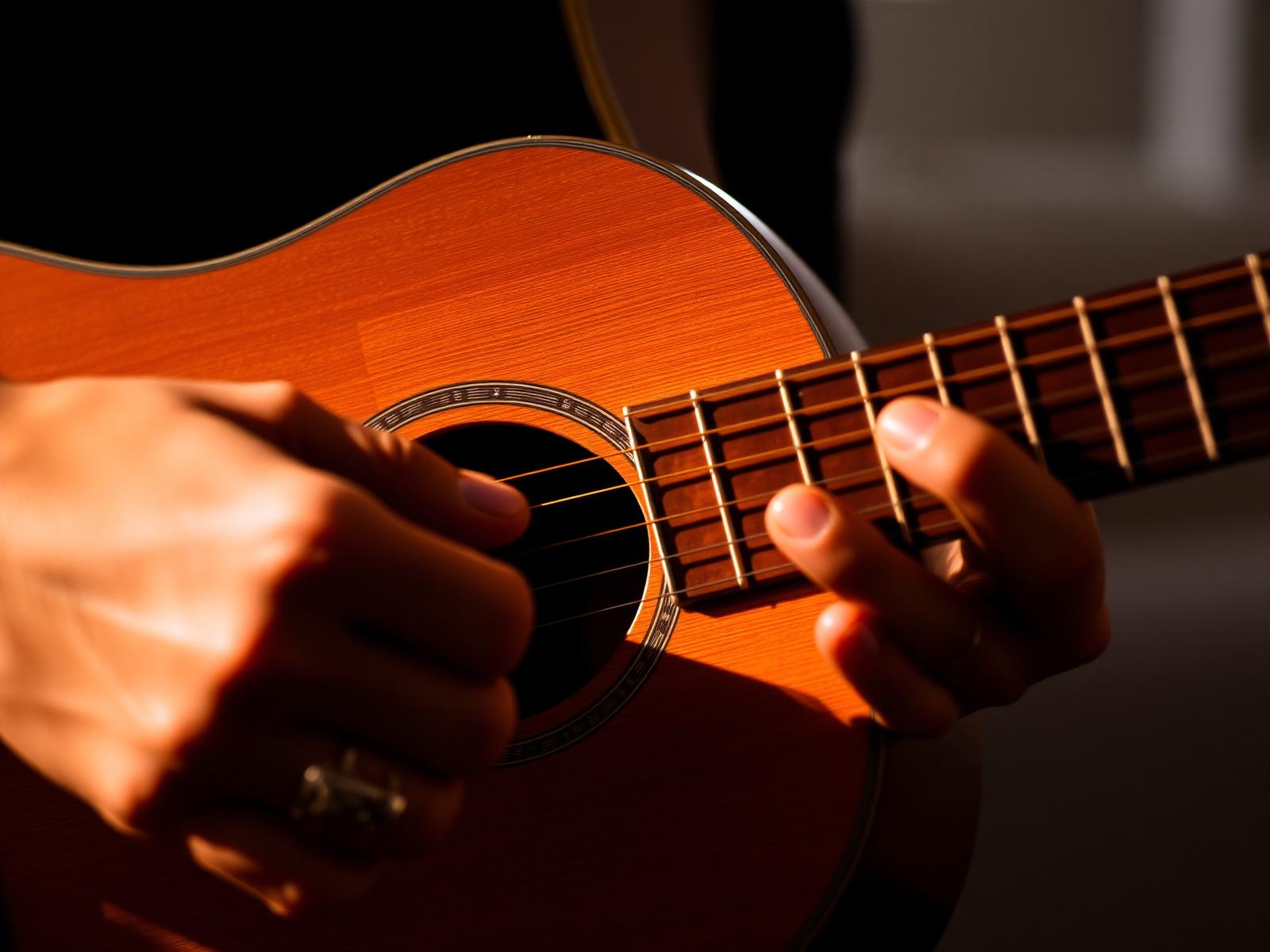 Hands fingerpicking an acoustic guitar